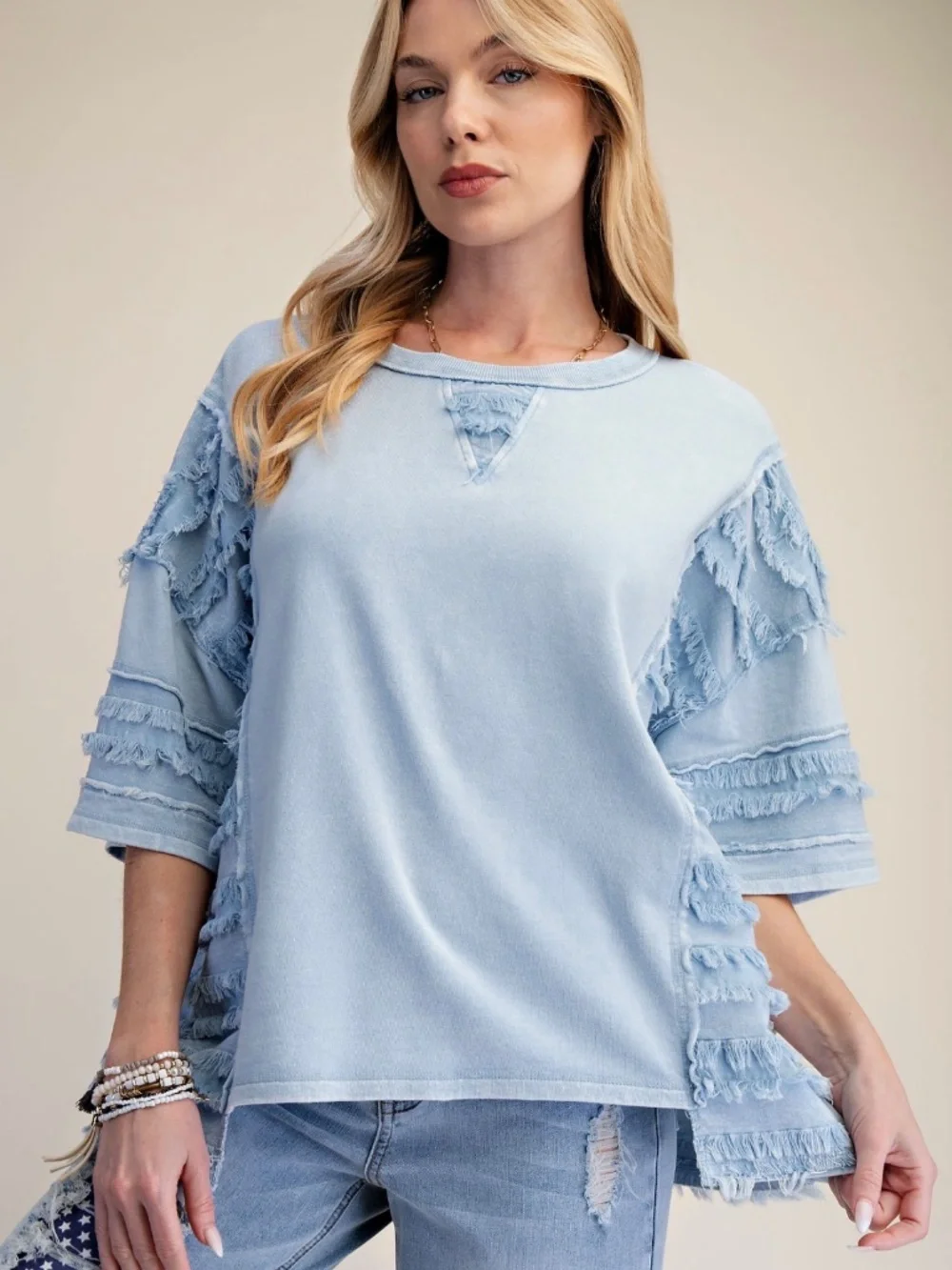 Easel Dusty blue Mineral Wash Frayed Loose Fit Short Sleeve Top - Picture 1 of 2